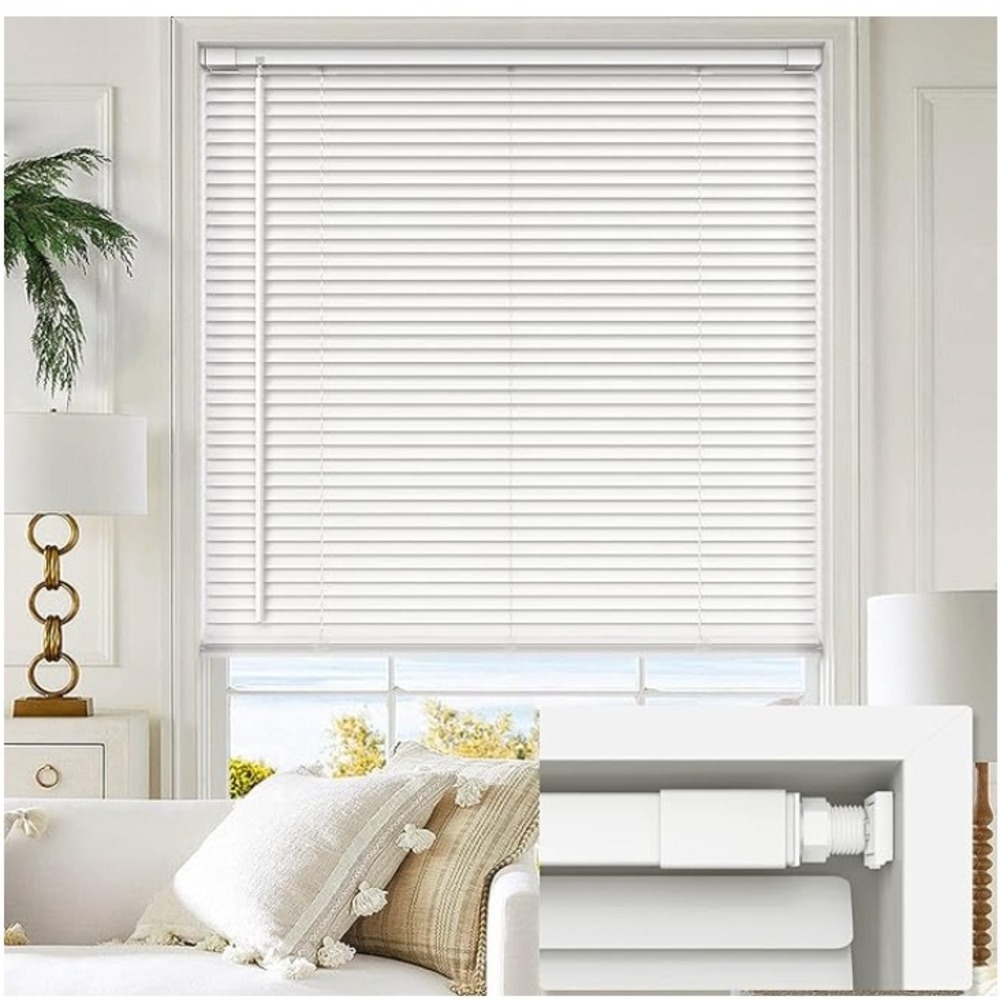 White No Drill Horizontal Window Blinds Vinyl Tension Mount Inside Fit Cordless